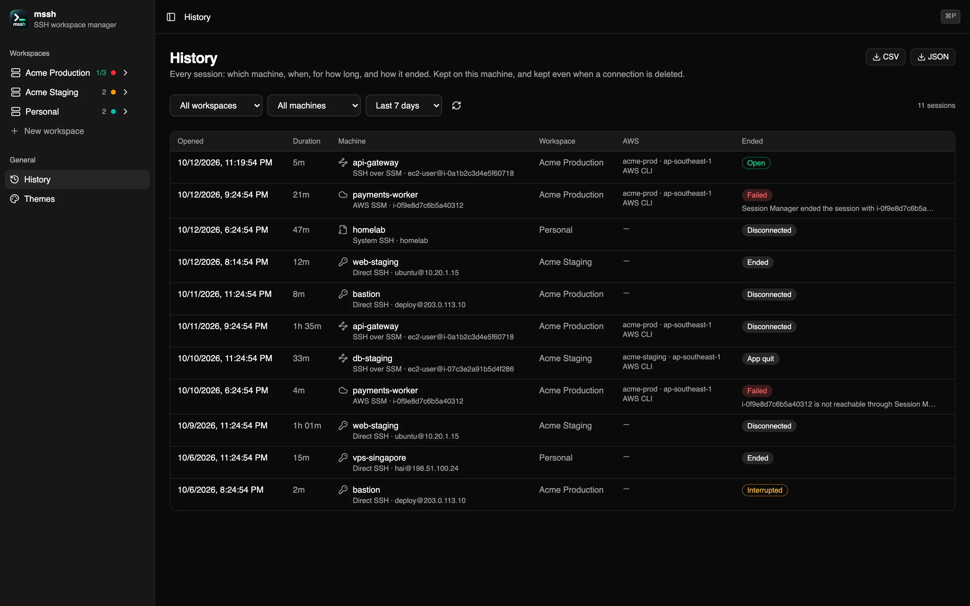 The History page: a table of sessions with their duration, machine, workspace, AWS profile and how they ended