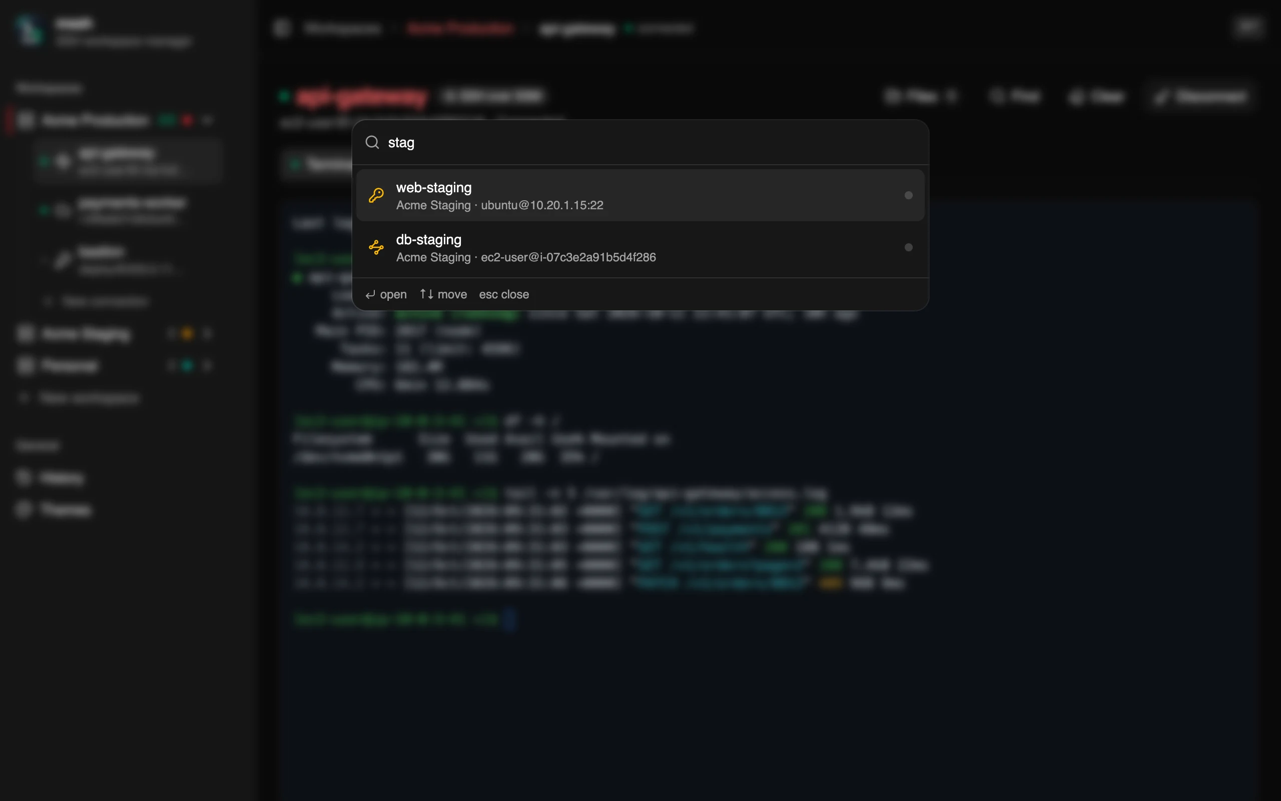 The command palette filtering machines by the text stag