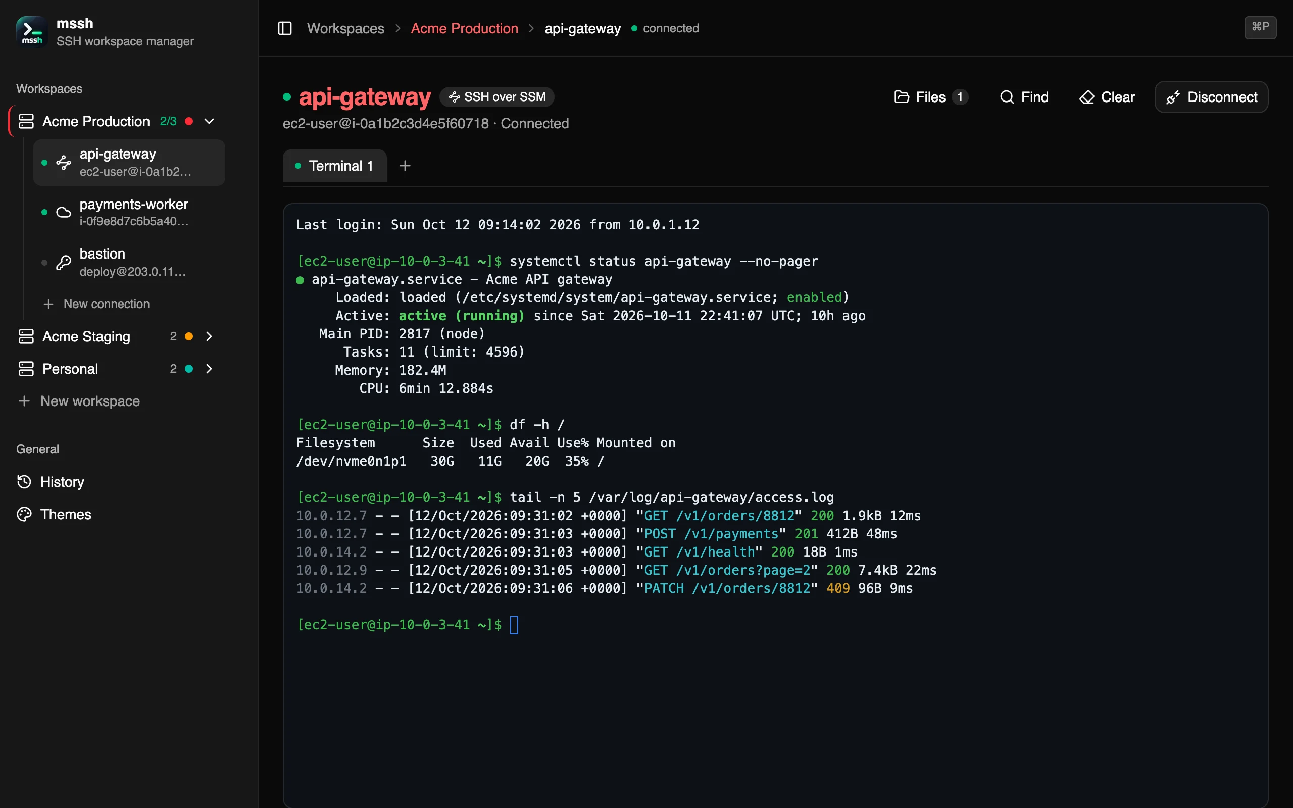mssh connected to an EC2 instance over SSH through AWS Session Manager, showing a terminal with systemctl status and an access log, and a sidebar of workspaces