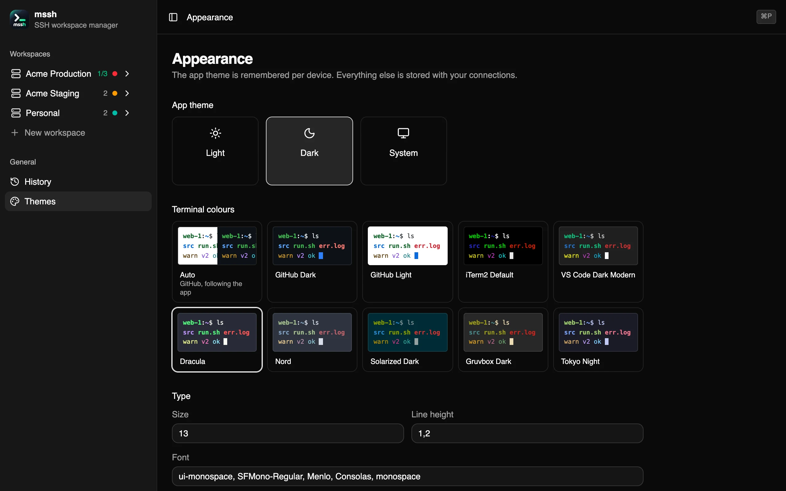 The Appearance page: light, dark or system app theme, and ten terminal colour presets shown as live previews, with Dracula selected